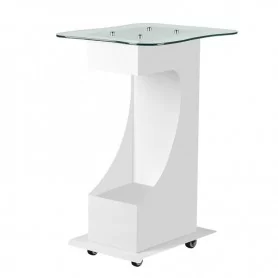 Funkcionāls galds no metāla un stikla ar gumijas riteņiem ar bloķēšanas funkciju